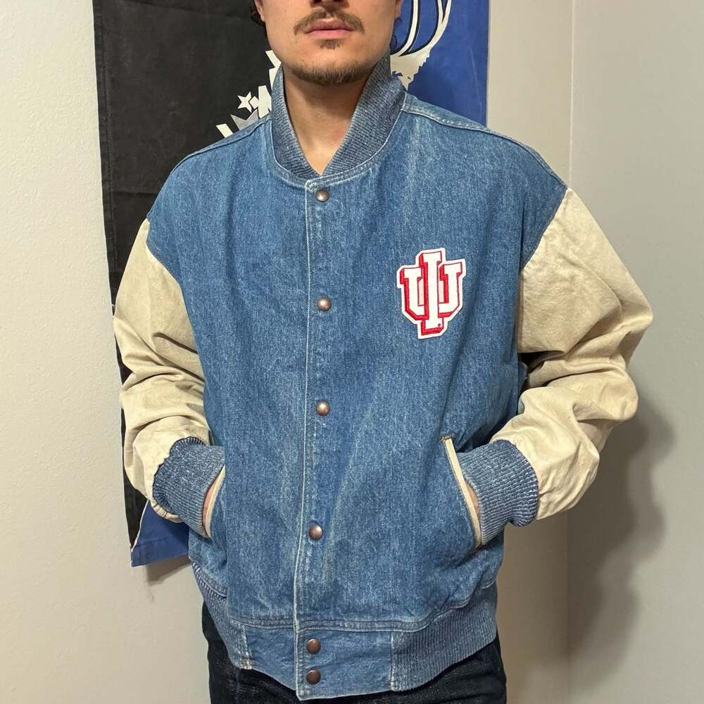 Vintage Indiana Hoosiers IU Denim Varsity Bomber Jacket Made in USA 26.25x25
